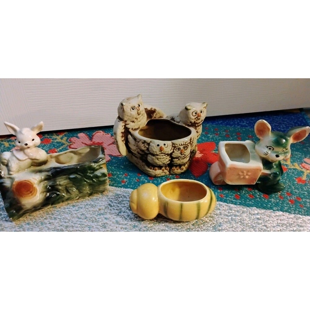 Vintage Ceramic Planter Lot Owl Family Rabbit Mouse Wheelbarrow Snail 4pc AS IS